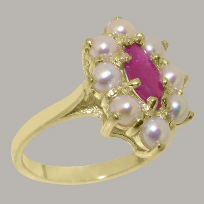 Solid 10k Yellow Gold Natural Ruby & Pearl Womens Cluster Ring - Sizes 4 to 12 - Image 1 of 4