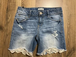 Mudd Shorts, Girl's Size 12, Blue, Denim, Distressed, Raw Lace Hem, Pockets - Picture 1 of 10