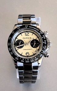 PARNIS BICOMPAX CHRONOGRAPH WATCH 39MM PANDA DIAL MECAQUARTZ STAINLESS BAND - Picture 1 of 6