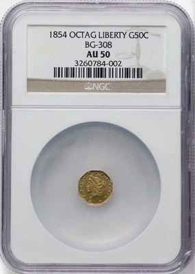 Oro fraccional Liberty Oct California 1854 1/2 $/NGC BG-308, R.4, AU50 Foto 1 de 4