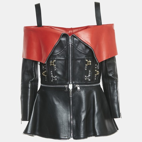 Top Alexander McQueen nero rosso in pelle con zip davanti spalle fredde M