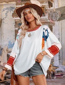 White bohemian Patchwork multicolor boho Hippie Shirt Tee Top Blouse XL READ ! - Picture 1 of 24