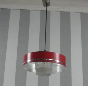70er Jahre Hängelampe Deckenleuchte Metall/Glas chrom/rot mid century retro - Bild 1 von 9