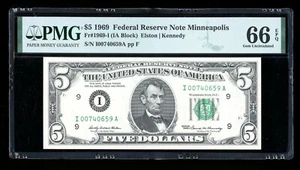 DBR 1969 $5 FRN Minneapolis Gem Fr. 1969-I PMG 66 EPQ Serial I00740659A - Picture 1 of 2