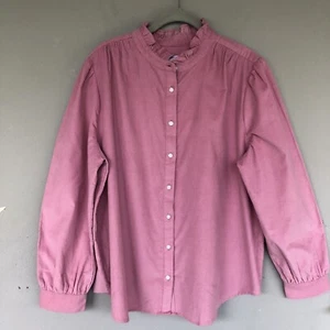 Ann Taylor Corduroy Shirt Women XL Pink Ruffle Button Up Balloon Sleeve Cottage  - Picture 1 of 14