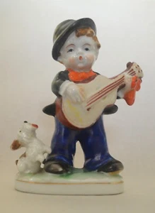 Occupied JAPAN Porcelain Ceramic Figurine BOY With DOG Playing GUITAR - Picture 1 of 6