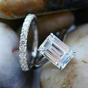 5.5ct Emerald Certified Moissanite Matching Wedding Band 14K White Gold Plated - Picture 1 of 9