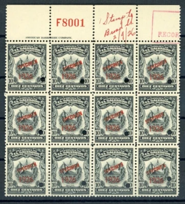 EL SALVADOR Revenue 10c ABNCo *F8001* 1926 SPECIMEN Margin Block{{12} MNH ZU47 - Image 1 of 4