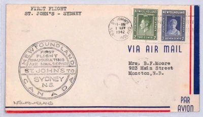 Canada NEWFOUNDLAND Air Mail FIRST FLIGHT St John's Sydney NS 1942 Cover YN41 - Image 1 of 4