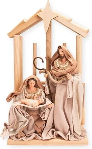 Pine Wood Nativity Set Holy Family in Cotton Fabric Clothes 14" Resin Figurine - Picture 1 of 6