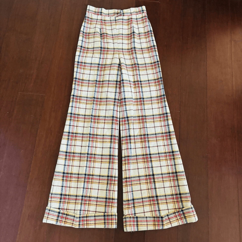 1970s Vintage Cream Multicolor Plaid Bottom Pants Wide Flare Leg 26 Waist Hippie - Image 1 of 4