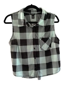 Rue 21 Black Mint Plaid Cropped Sleeveless Button Up Collared Top Juniors XL - Picture 1 of 6