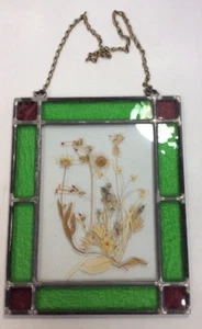 Vintage gepresste Blume in Buntglas 11 "x 9" Home Fenster Dekor grün lila - Bild 1 von 12