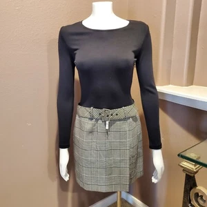 Vtg 90's ANN TAYLOR black knit bodice & Glen plaid skirt belted dress size 2 - Picture 1 of 6