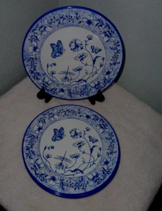 6 RESTORATION HARDWARE Blue & White Tin Dinner Plates Butterfly Metal - Picture 1 of 2