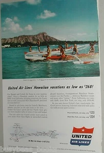 1954 UNITED AIR LINES advertisement, Hawaii, natives, canoes, United print ad - Bild 1 von 3