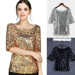Women Sequined Glitter Shirt Top Half Sleeve Loose Baggy Blouse Top Plus Size - Picture 1 of 11