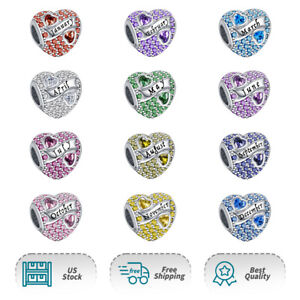 Authentic S925 Birthstone Paved Birthday Heart Charm Women Bracelet Charms Gifts
