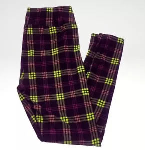 LuLaRoe Womens Leggings OS Black Purple Neon Green Plaid Stripes One Size NWT - Picture 1 of 3
