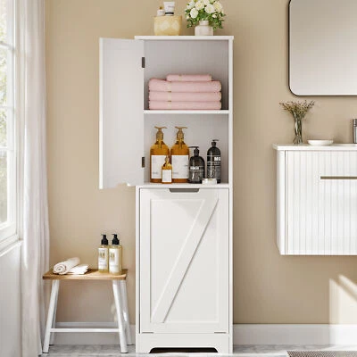 53" Tall Bathroom Laundry Cabinet Organizer w/ Basket Tilt-Out Laundry Hamper - Image 1 of 4