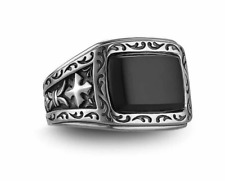 Fine Shiny Black Rectangle Shape Onyx Art Deco Filigree Design Men's Silver Ring