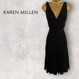 Vestido de Ocasión KAREN MILLEN Para Mujer Negro Seda Cuello en V Ajuste y Acampanado EE. UU. 4 UK 8 EU 36 - Imagen 1 de 5