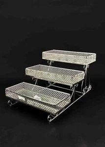 3 Tier Stepped Silver Mesh Mirror Trays Cake Cupcake Stand Wedding Candy Buffet - Picture 1 of 1