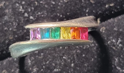Signed RSC 925 Sterling Silver 6-Color Spectrum Square Stone Band RING ~3g ~Sz 7 - Image 1 of 4