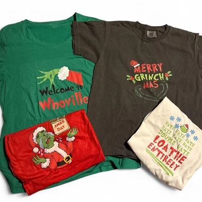 NUEVO Paquete de 4 camisetas navideñas GRINCH para niños jóvenes revendedor familiar espectáculo artesanal Foto 1 de 2