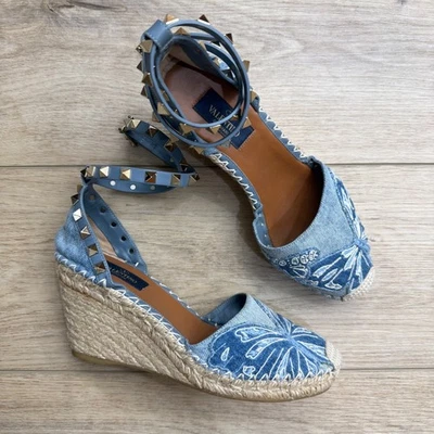 Valentino Denim Rockstud Espadrille Wedge Sandals Heels Studded Butterfly 36 - Image 1 of 4