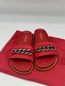 VALENTINO Deep Red Suede and Chain Slide Sandals Size 38 - Picture 1 of 7