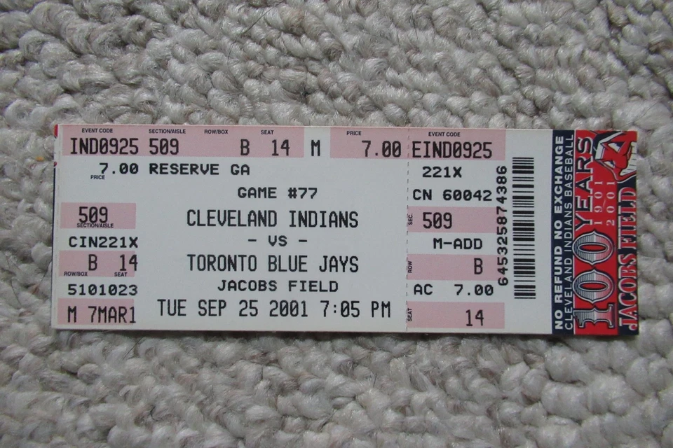 Boleto completo Cleveland Indians vs Blue Jays 25/09/2001 ~ Russell Branyan HR Foto 1 de 1