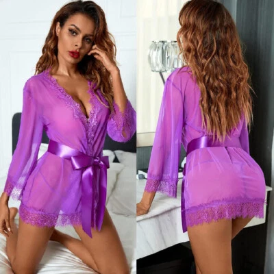 Womens Sexy Lingerie See-Thru Cover Lace Bath Robe Nightwear Sleepwear Plus Size - Image 1 of 4