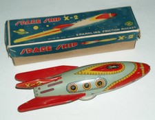 1950's SPACE SHIP X-2 Vintage Circa Masudaya Tin X 2 Spaceship With Box