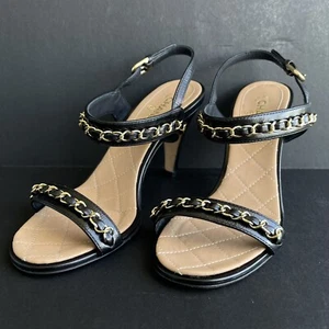 CHANEL Strappy Black Leather & Gold Chain Slingback 3.5” Heels Sz 35FR/34EU/4 US - Picture 1 of 18