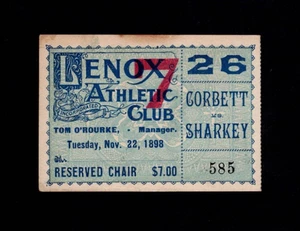 EXTREMADAMENTE RARO 1898 JAMES J CORBETT vs SAILOR TOM SHARKEY boxeo boleto boxeador - Imagen 1 de 2