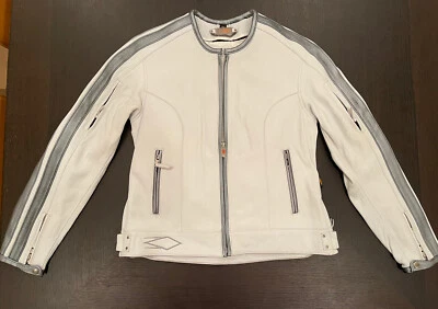 Women's Power Trip Leather Zip Up Motorcycle Jacket Size S, Cream/Silver Grey - Image 1 of 4
