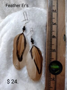 Earrings 3 1/2" w/Authentic Feathers & Swarovski - Sterling hook ear wires - Picture 1 of 1