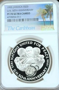 1995 JAMAICA SILVER 25 DOLLARS UNITED NATIONS NGC PF 70 ULTRA CAMEO PERFECTION - Picture 1 of 4