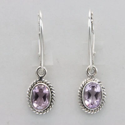 Pendientes colgantes facetados ovalados púrpura AMATISTA con cierre de palanca PLATA ESTERLINA 925 #21e Foto 1 de 4