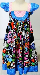 Handmade Girls Small Sundress Floral Skulls Ruffles Sleeveless Pop Art Graffiti  - Picture 1 of 5