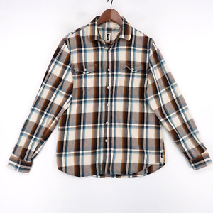 Howe Flannel Shirt Mens Large Brown Blue Plaid Button Up Chest Pockets Flawed*