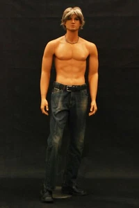Realistic Tan Adult Male Standing Full Body Fiberglass Mannequin with Wig - Picture 1 of 8