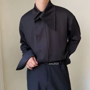 Spring Slanted Collar Pointed Collar Shirt Men's Irregular Button Slim Shirt Top - Picture 1 of 26