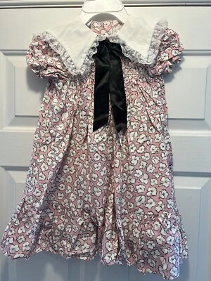 VTG Polly Flinders Pink White Black Floral Dress Bow 6X - Image 1 of 4