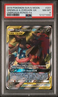 Pokemon Sun & Moon Unbroken Bonds 201 Full Alt Art Greninja & Zoroark GX PSA 8 - Image 1 of 2