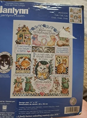 2004 JANLYNN COUNTED CROSS STITCH CATS CHATS 11 x 14” KIT  14 COUNT - Image 1 of 3