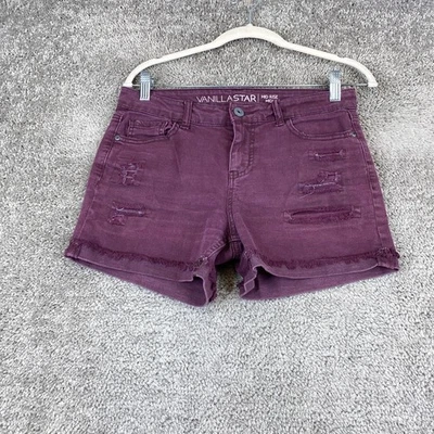Vanilla Star Denim Mid Rise Midi Shorts Women's 9 Burgundy Distressed Cuffed Hem - Image 1 of 4