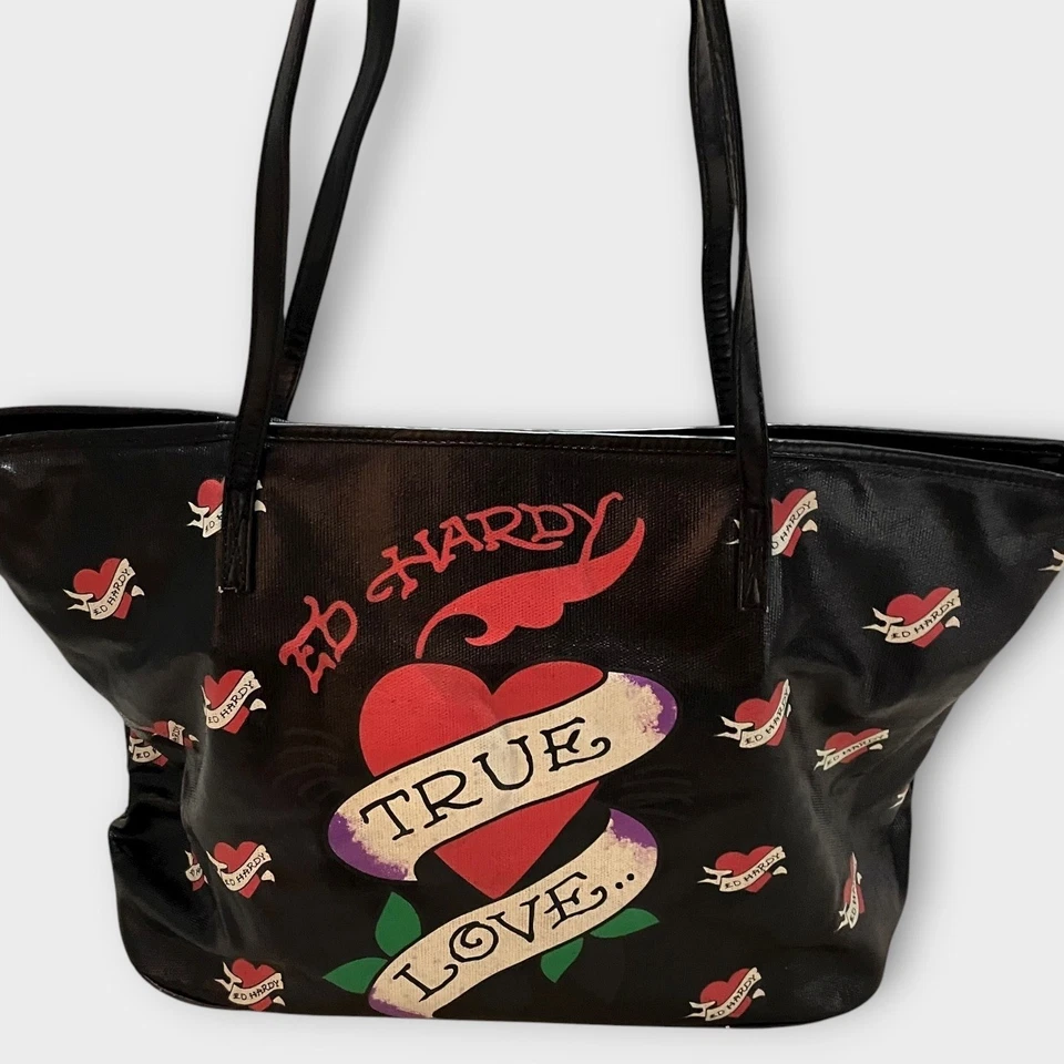 Bolsa tote Ed Hardy vintage preta tatuagem coração amor verdadeiro bolsa de ombro gráfica rara - Imagem 1 de 4