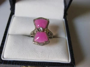 ANTIQUE 10K WHITE GOLD FILIGREE RING with PINK AGATE,ART DECO UNIQUE COLOR! - Picture 1 of 5